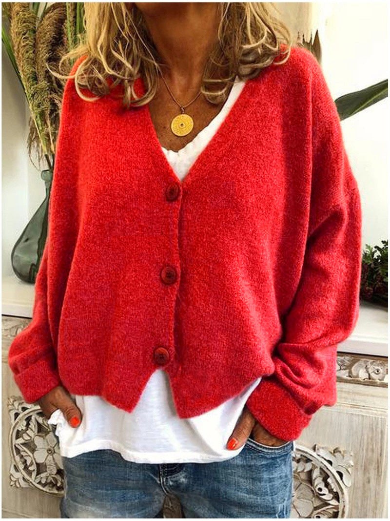 Isolde | Women's V-Neck Button Front Cardigan in Red