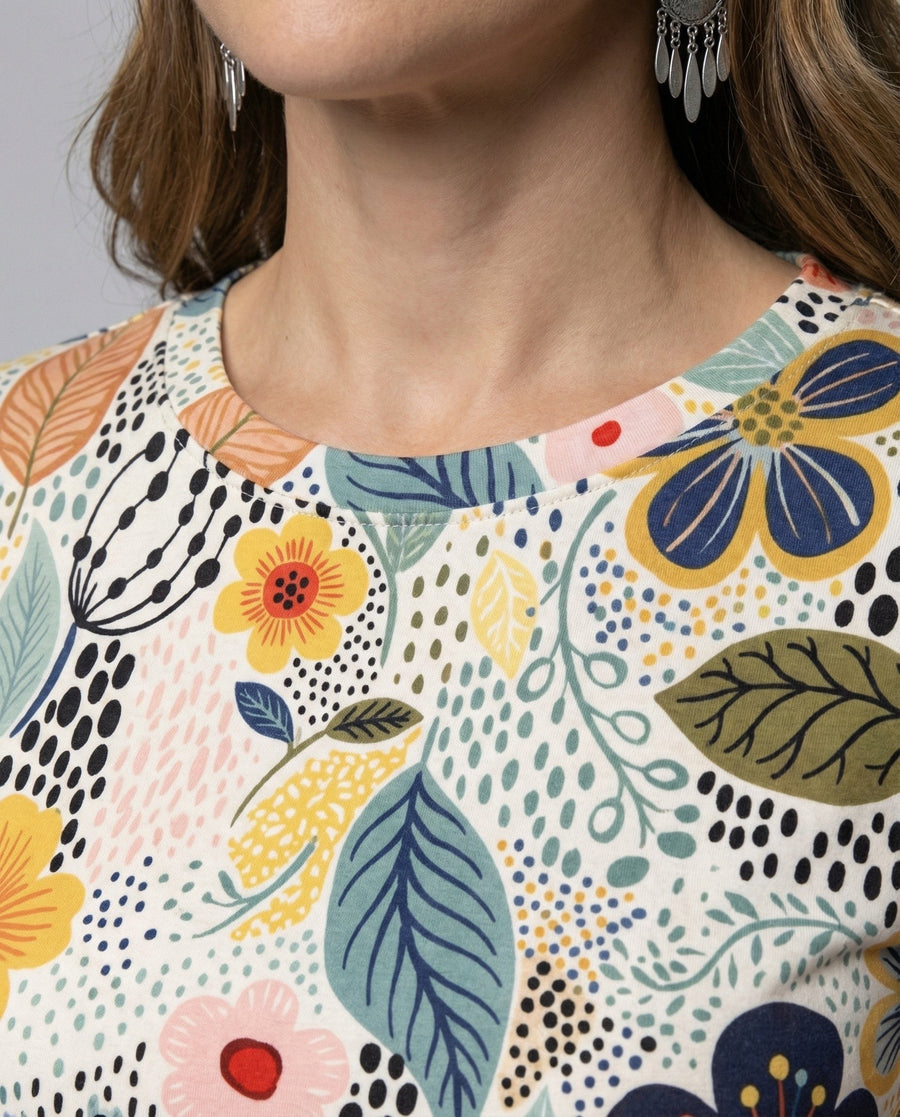 Isotta | Women's Floral Print Soft T-Shirt in White
