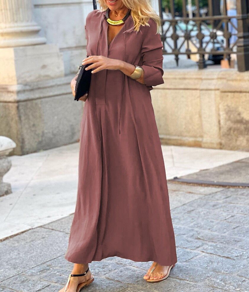 Iustina | Women's V-Neck Elegant Maxi Dress in Brick Red