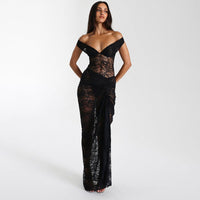 Ivana | Women's Ruffle Detail Lace Elegant Maxi Dress