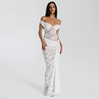 Ivana | Women's Ruffle Detail Lace Elegant Maxi Dress in White