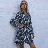 Ivana | Women's Tie Belt Belted Elegant Fashionable Shirt Dress in Dark Blue