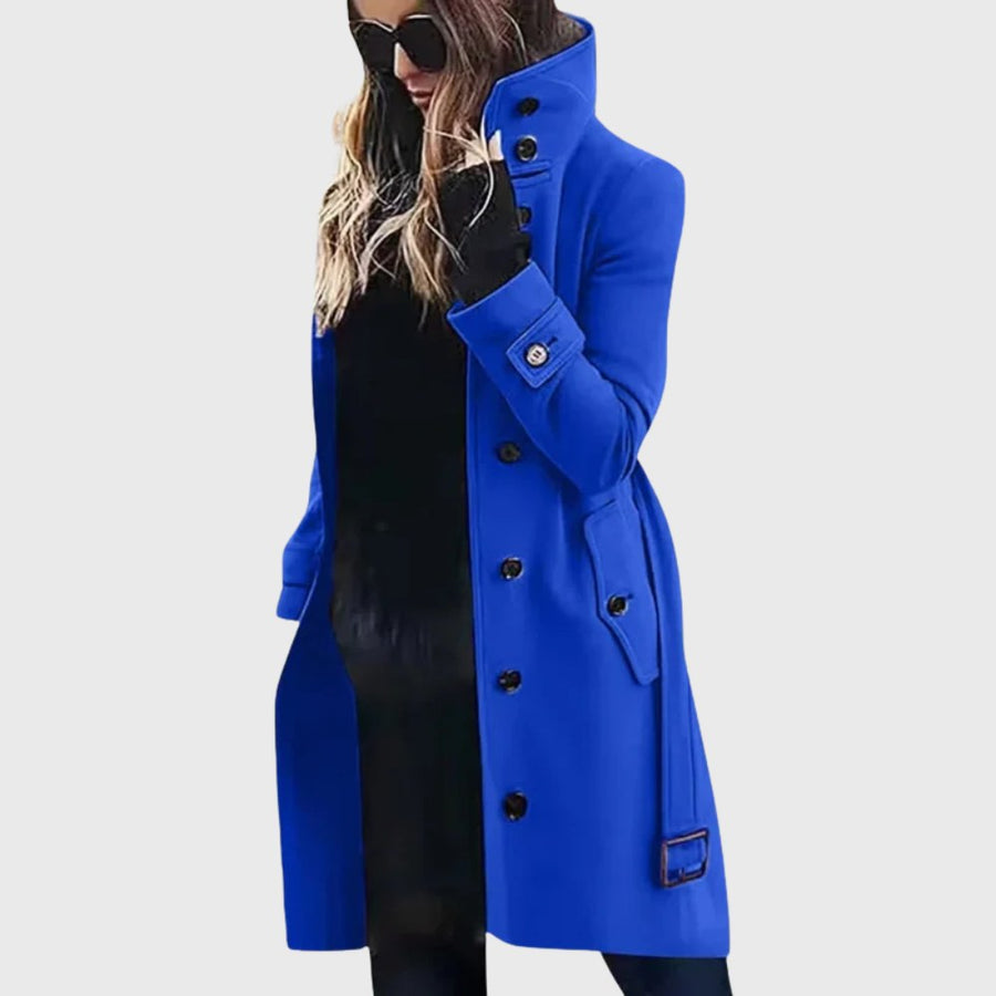 Ivory | Women's Button Front High Stand Collar Coat in Blue