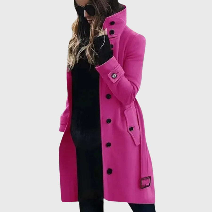 Ivory | Women's Button Front High Stand Collar Coat in Dark Pink