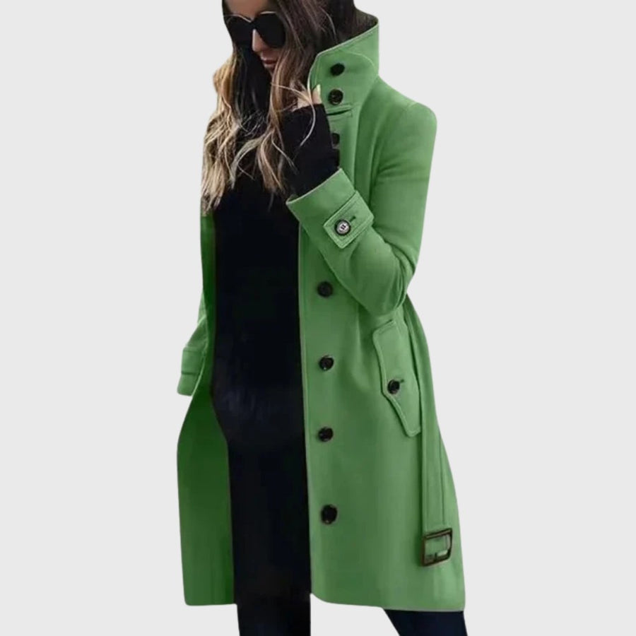 Ivory | Women's Button Front High Stand Collar Coat in Green