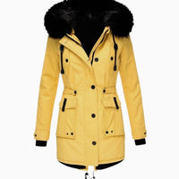 Ivy | Women's Thick Faux Fur Hooded Drawstring Parka Coat in Yellow