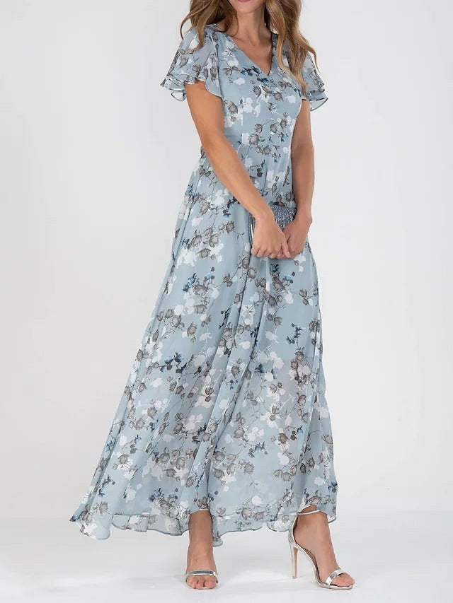 Izolda | Women's Sheer Floral Maxi Dress in Light Blue
