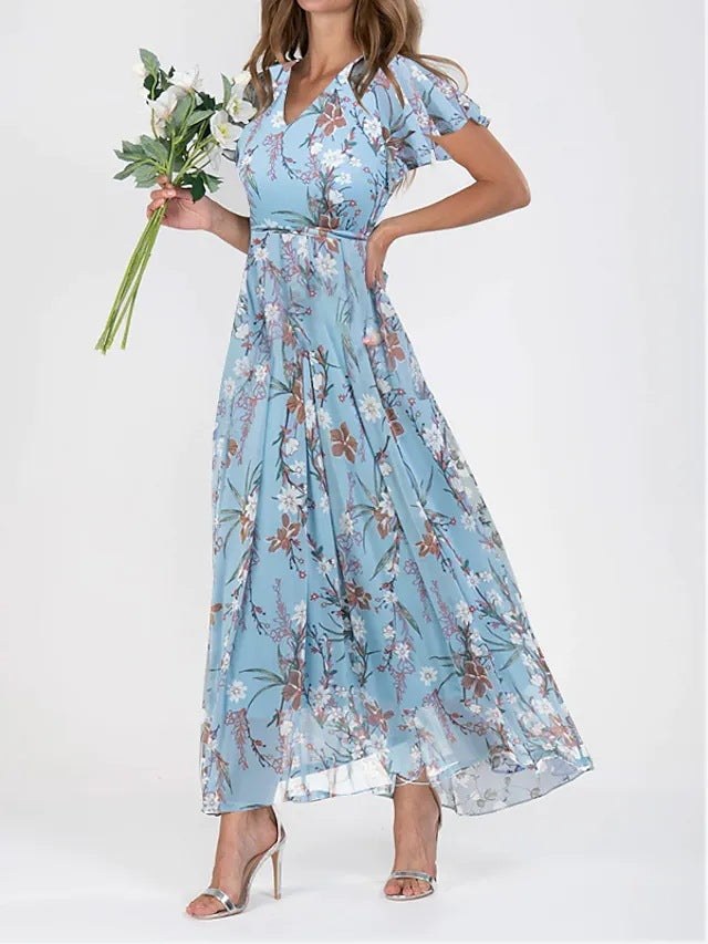 Izolda | Women's Sheer Floral Maxi Dress in Sky Blue