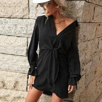 Jacinta | Women's V-Neck Elegant Chic Shirt Dress in Black