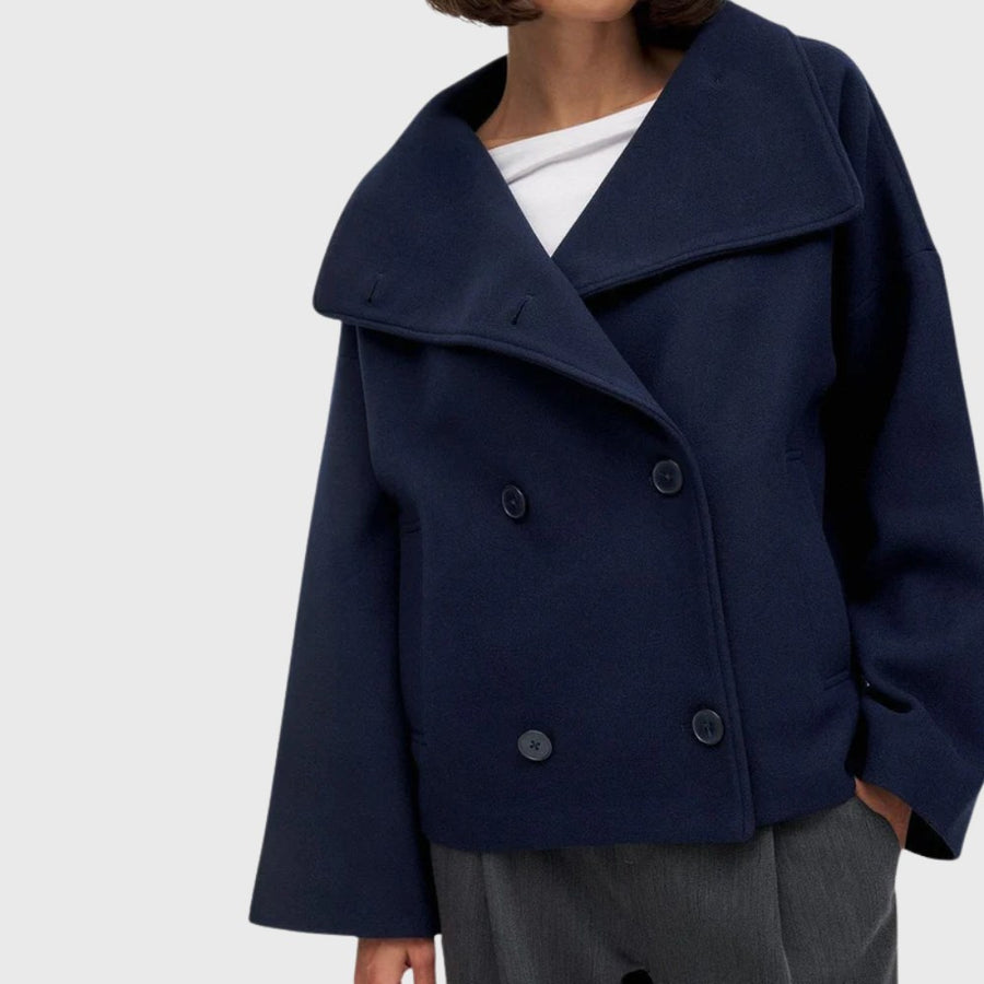 Jacinta | Women's Cropped Double Breasted Coat in Navy Blue