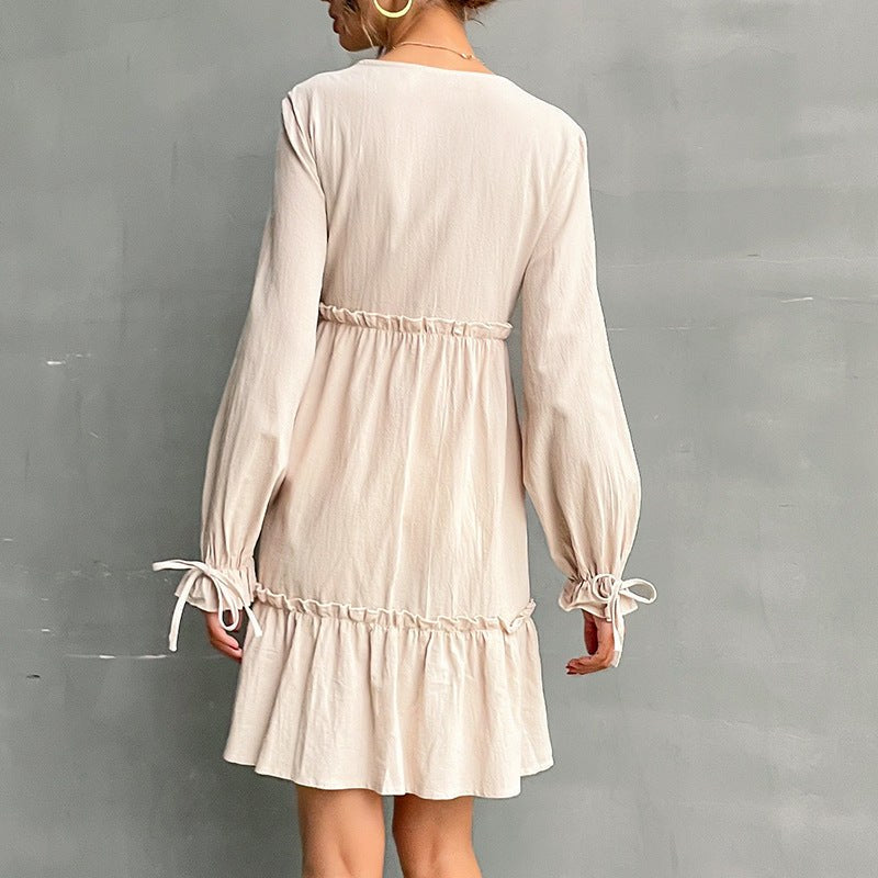 Jacintha | Women's V-Neck Voluminous Mini Dress in Khaki