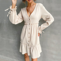 Jacintha | Women's V-Neck Voluminous Mini Dress in Khaki