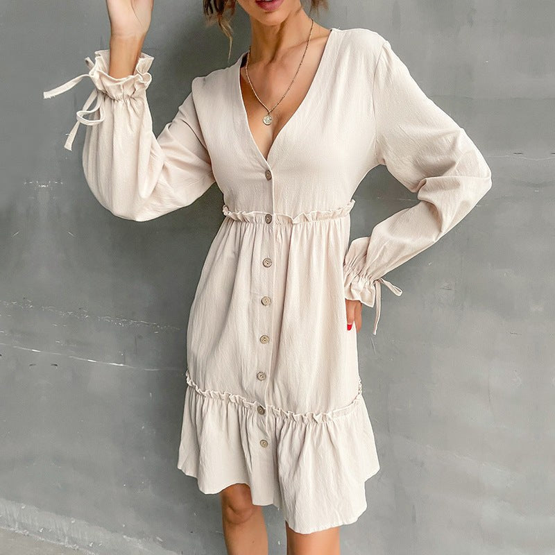 Jacintha | Women's V-Neck Voluminous Mini Dress in Khaki