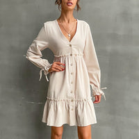 Jacintha | Women's V-Neck Voluminous Mini Dress in Khaki