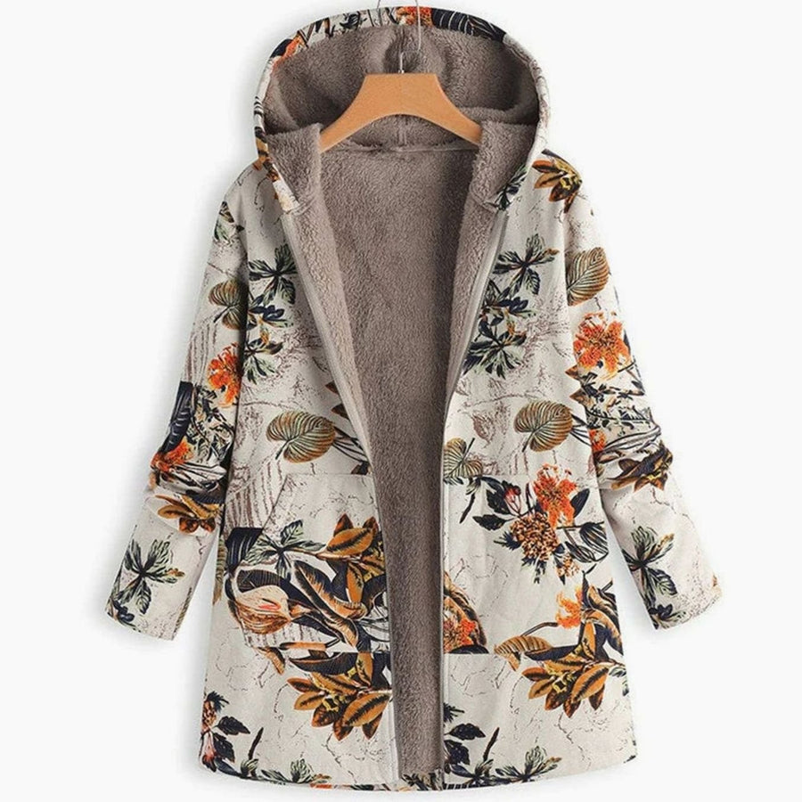 Jacqueline | Women's Fleece-Lined Hooded Floral Coat Long-Sleeve Zip-Up in Beige