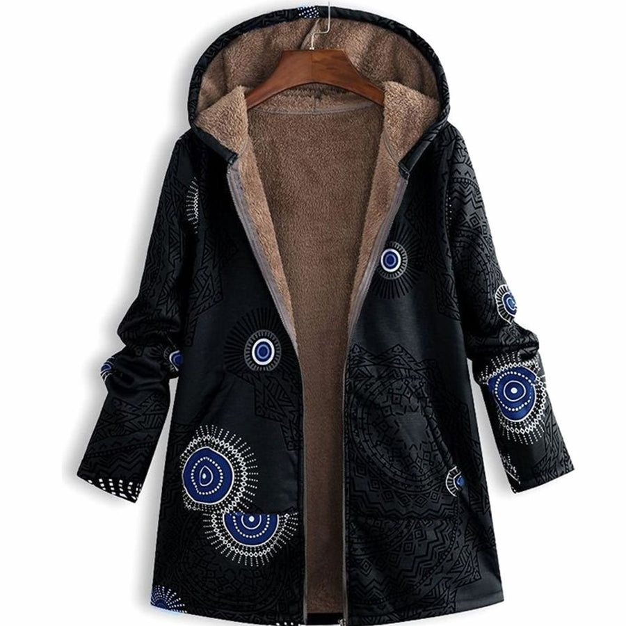 Jacqueline | Women's Fleece-Lined Hooded Floral Coat Long-Sleeve Zip-Up in Black