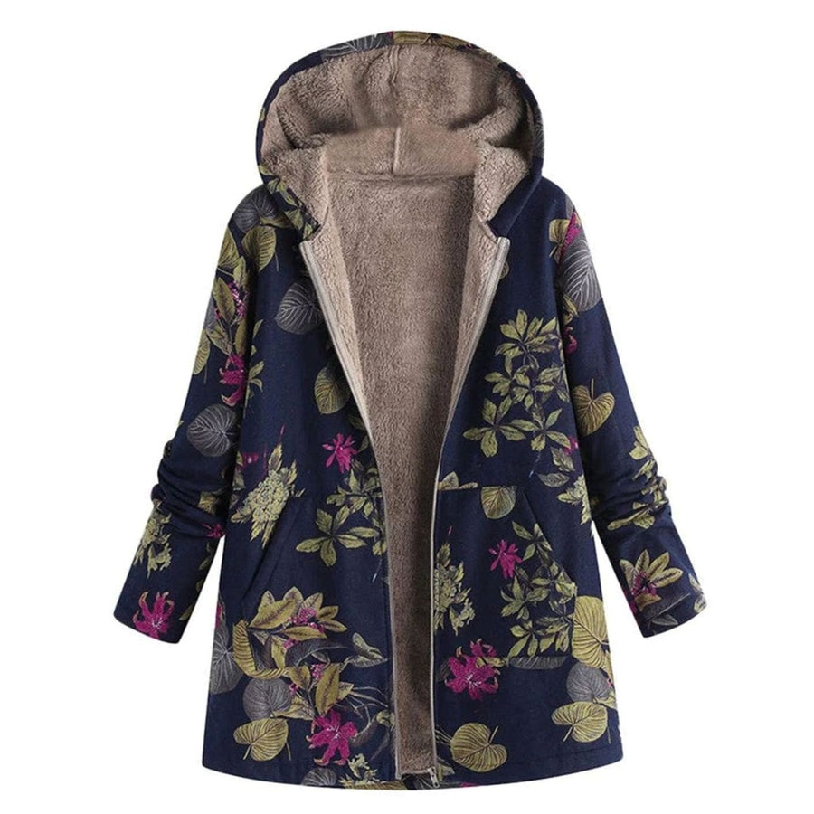 Jacqueline | Women's Fleece-Lined Hooded Floral Coat Long-Sleeve Zip-Up in Blue