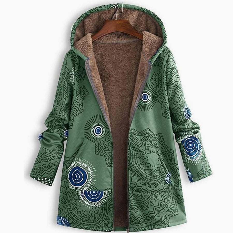 Jacqueline | Women's Fleece-Lined Hooded Floral Coat Long-Sleeve Zip-Up in Green