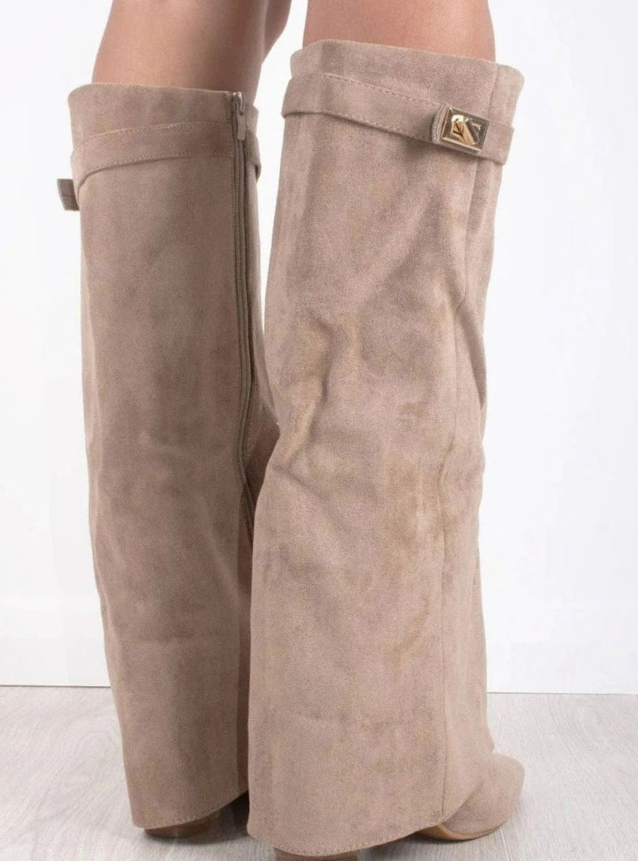Jane | Women's Suede Knee-High Fold-Over Buckle Thigh-High Boots