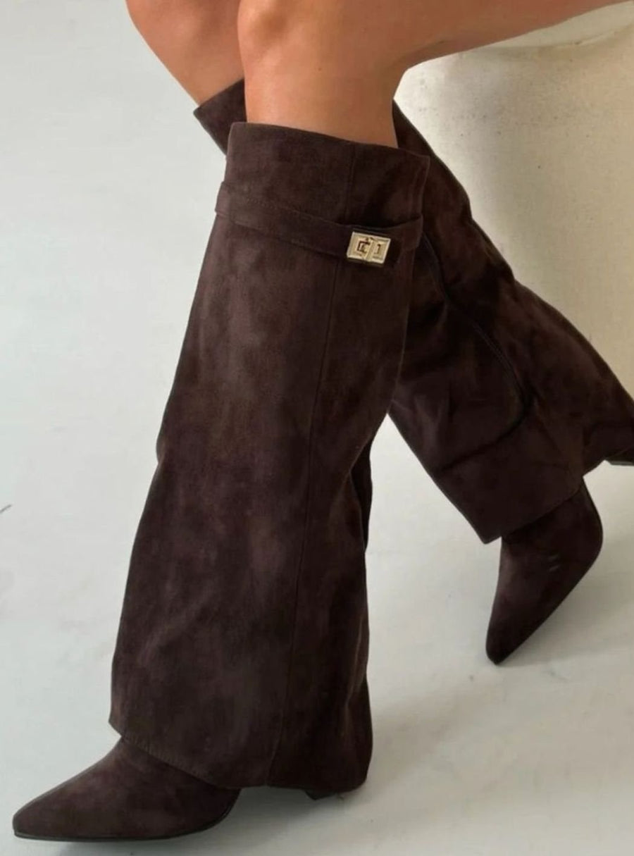 Jane | Women's Suede Knee-High Fold-Over Buckle Thigh-High Boots