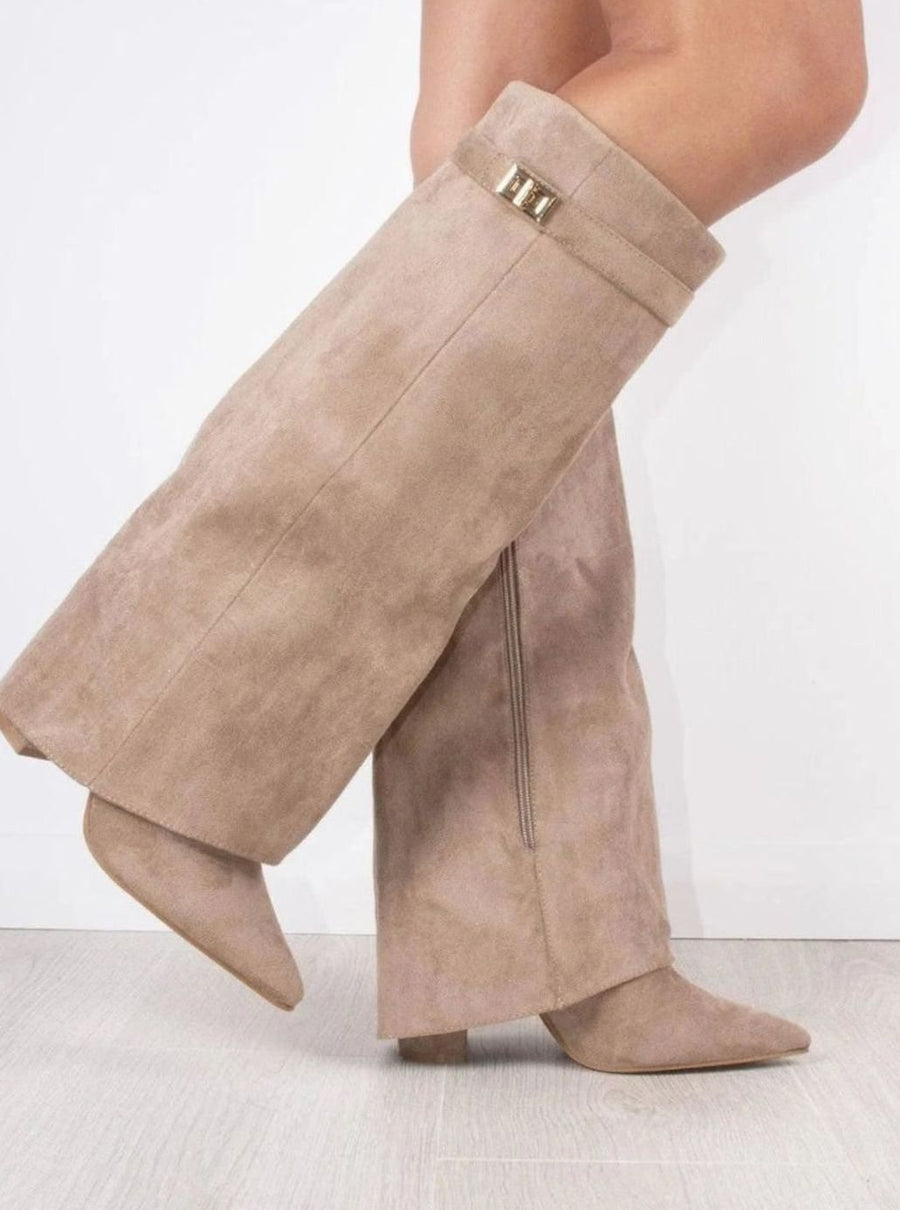 Jane | Women's Suede Knee-High Fold-Over Buckle Thigh-High Boots in Beige Suede