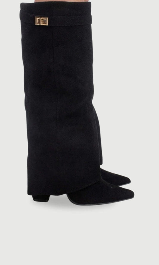 Jane | Women's Suede Knee-High Fold-Over Buckle Thigh-High Boots in Black