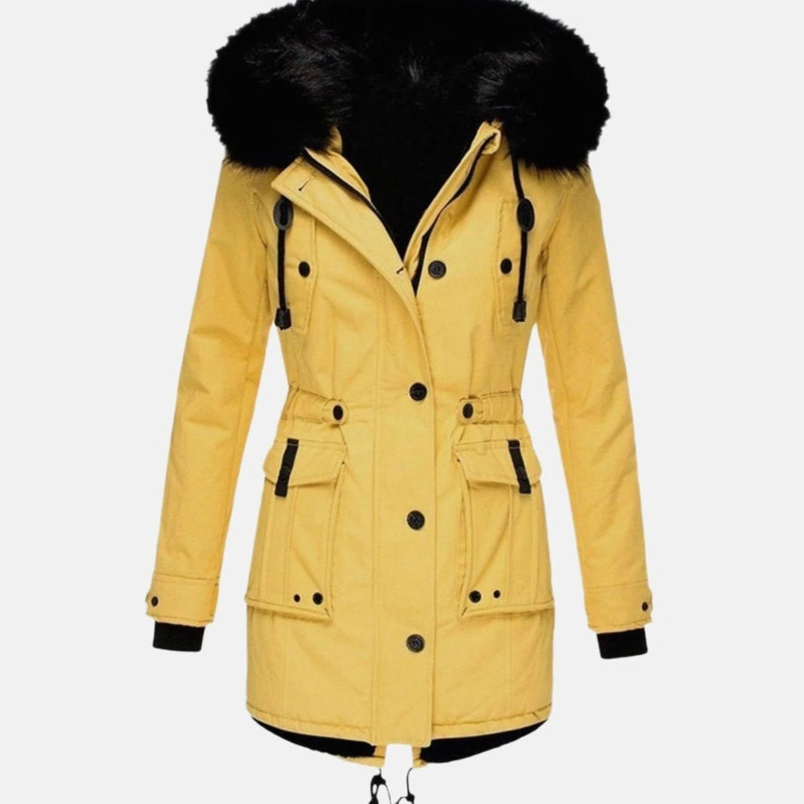 Janet | Women's Fitted Faux Fur Hooded Parka Winter Coat in Yellow