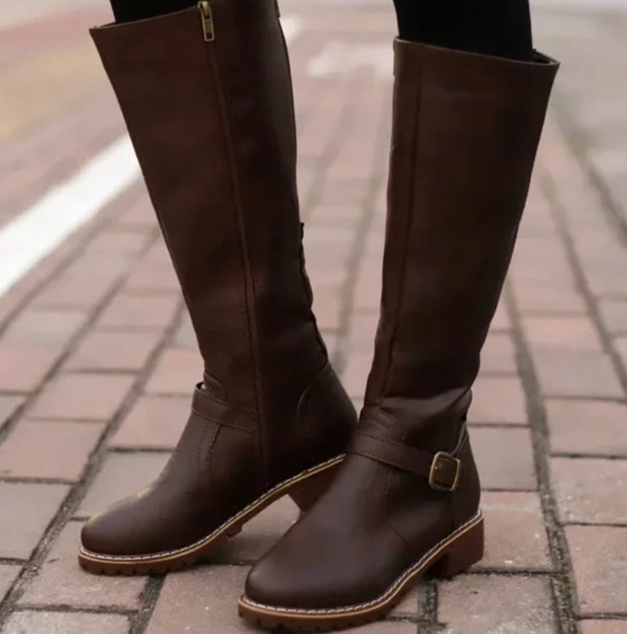 Jasmine | Women's Knee-High Block-Heel Buckle Strap Leather Boots