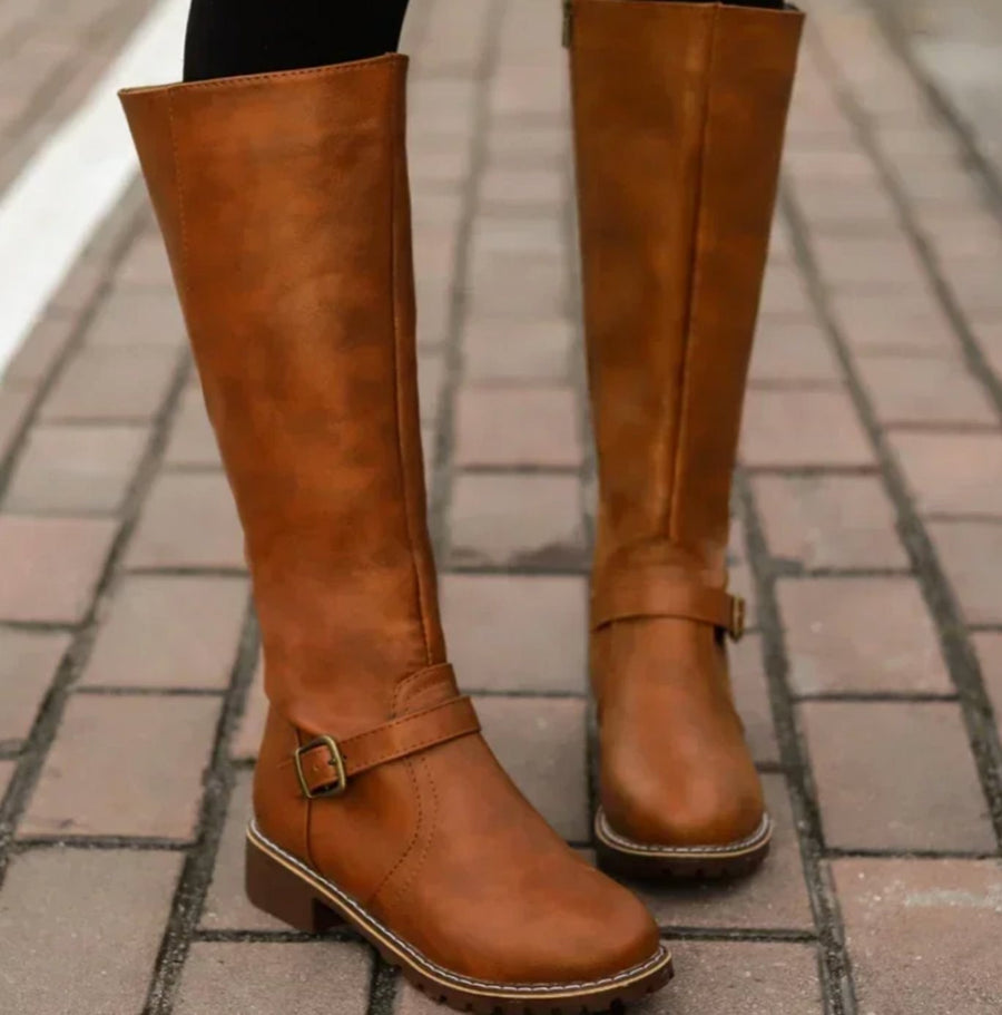 Jasmine | Women's Knee-High Block-Heel Buckle Strap Leather Boots