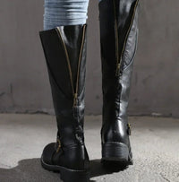 Jasmine | Women's Knee-High Block-Heel Buckle Strap Leather Boots in Black