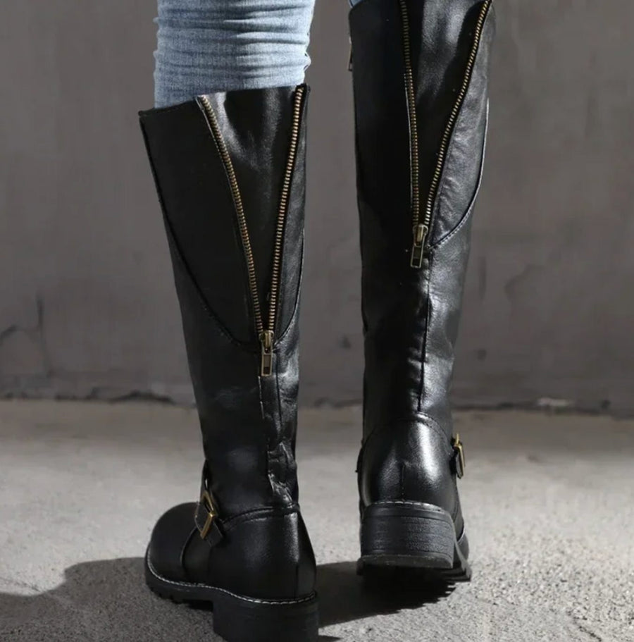 Jasmine | Women's Knee-High Block-Heel Buckle Strap Leather Boots in Black