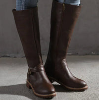 Jasmine | Women's Knee-High Block-Heel Buckle Strap Leather Boots in Dark Brown