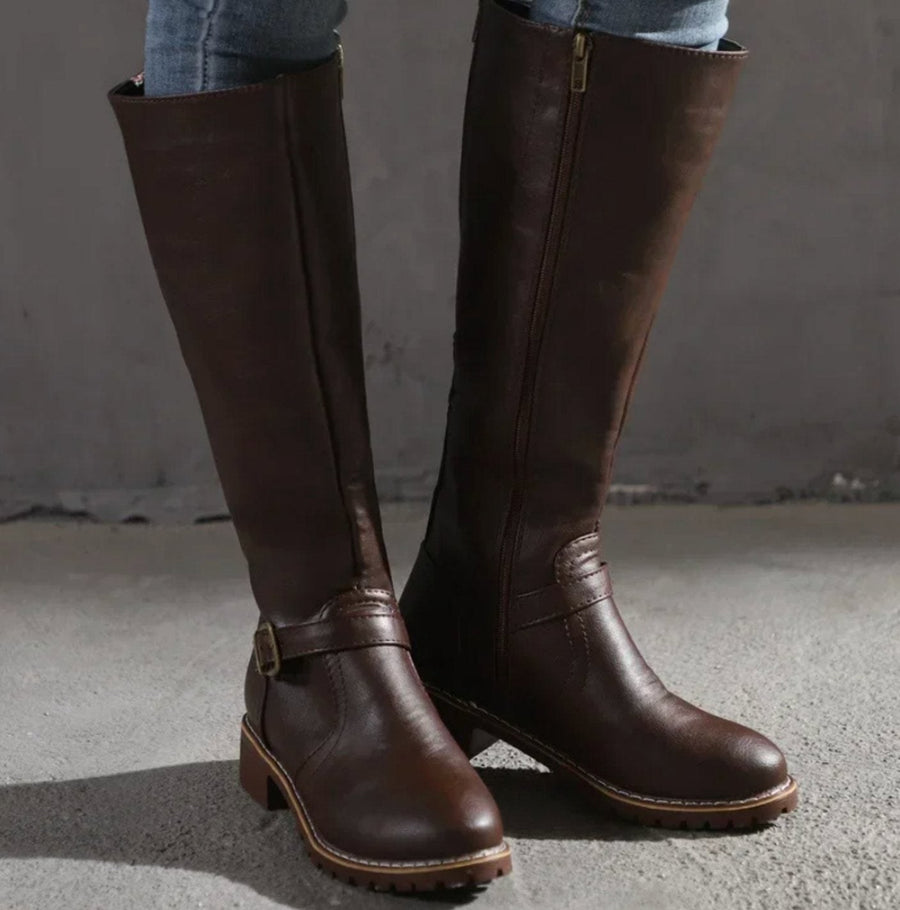 Jasmine | Women's Knee-High Block-Heel Buckle Strap Leather Boots in Dark Brown