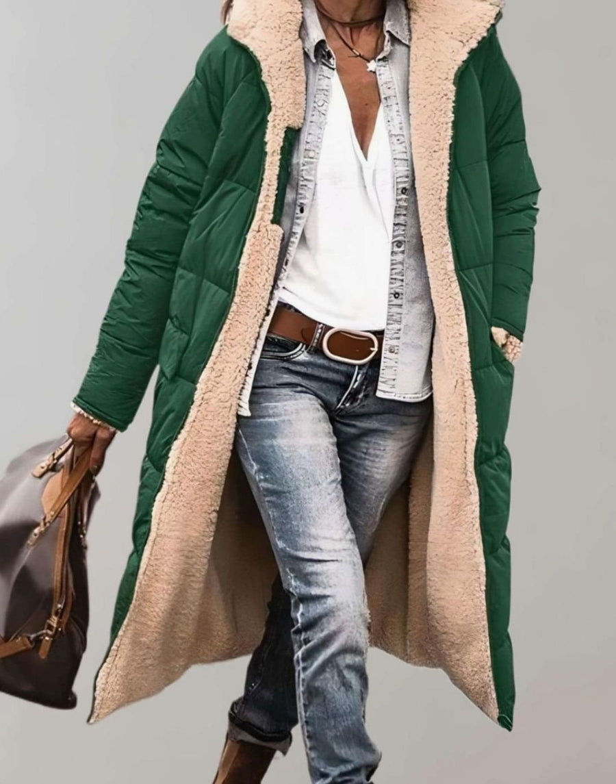 Jenna | Women's Fleece-Lined Long Quilted Coat Hooded Puffer Jacket in Army Green