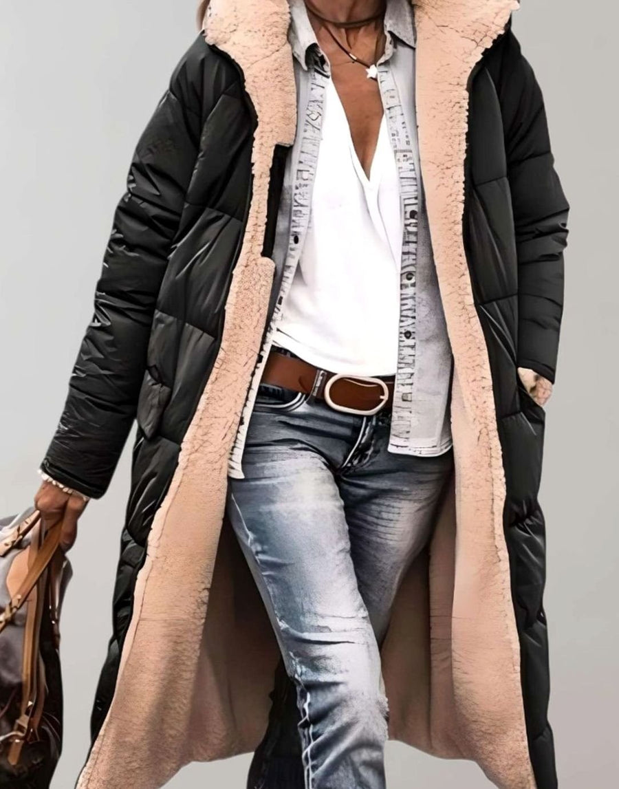 Jenna | Women's Fleece-Lined Long Quilted Coat Hooded Puffer Jacket in Black