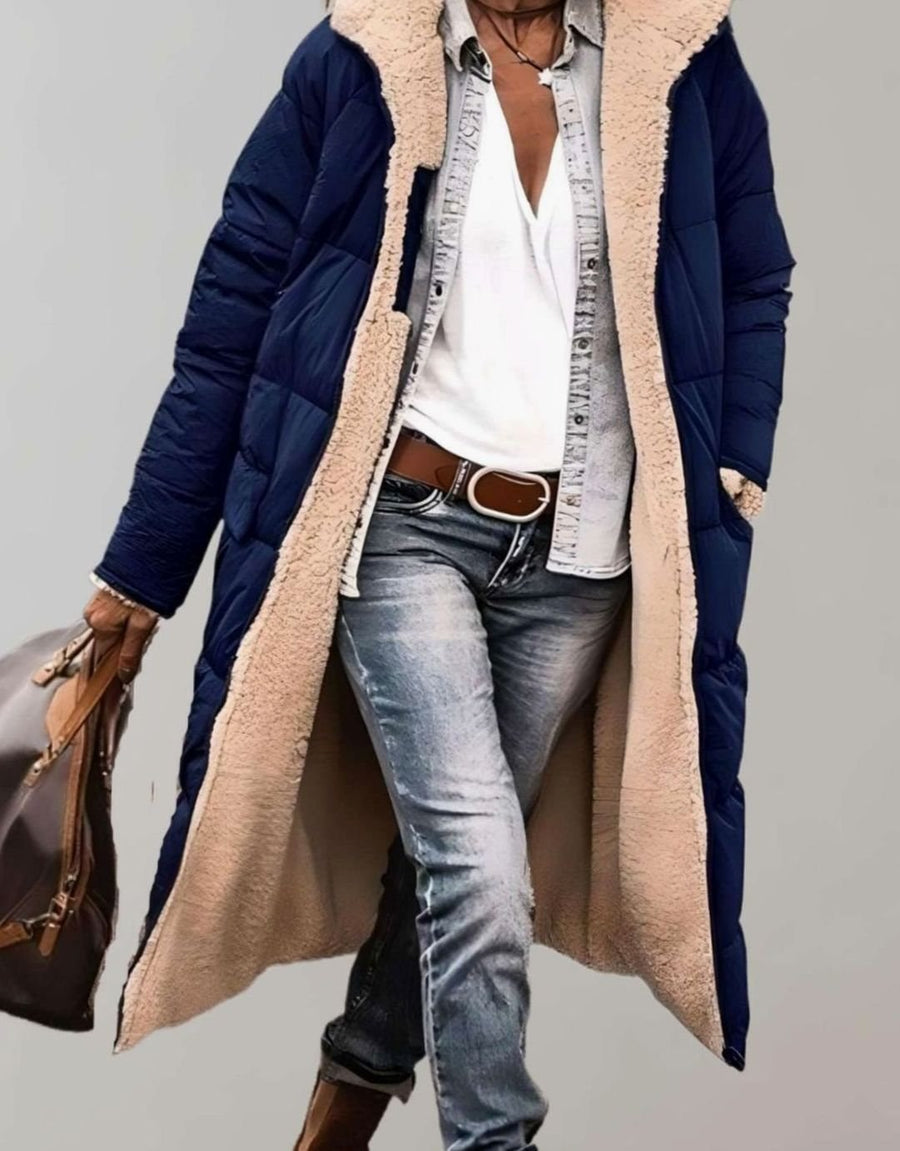 Jenna | Women's Fleece-Lined Long Quilted Coat Hooded Puffer Jacket in Navy Blue