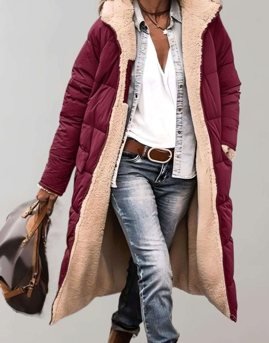 Jenna | Women's Fleece-Lined Long Quilted Coat Hooded Puffer Jacket in Red