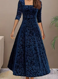 Jessica | Women's Square Neck Velvet Floral Embossed Party Dress in Blue