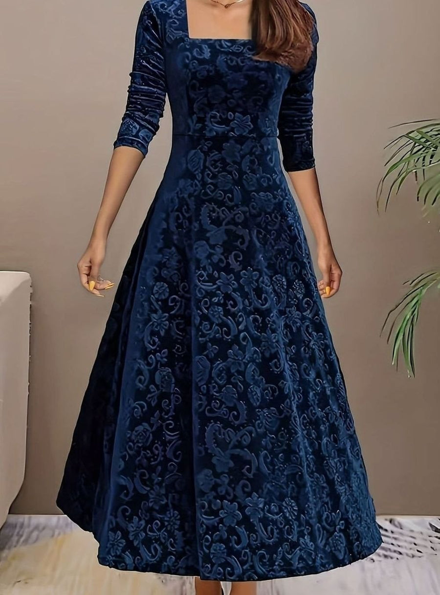 Jessica | Women's Square Neck Velvet Floral Embossed Party Dress in Blue