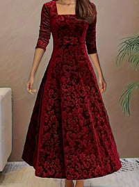 Jessica | Women's Square Neck Velvet Floral Embossed Party Dress in Dark Red