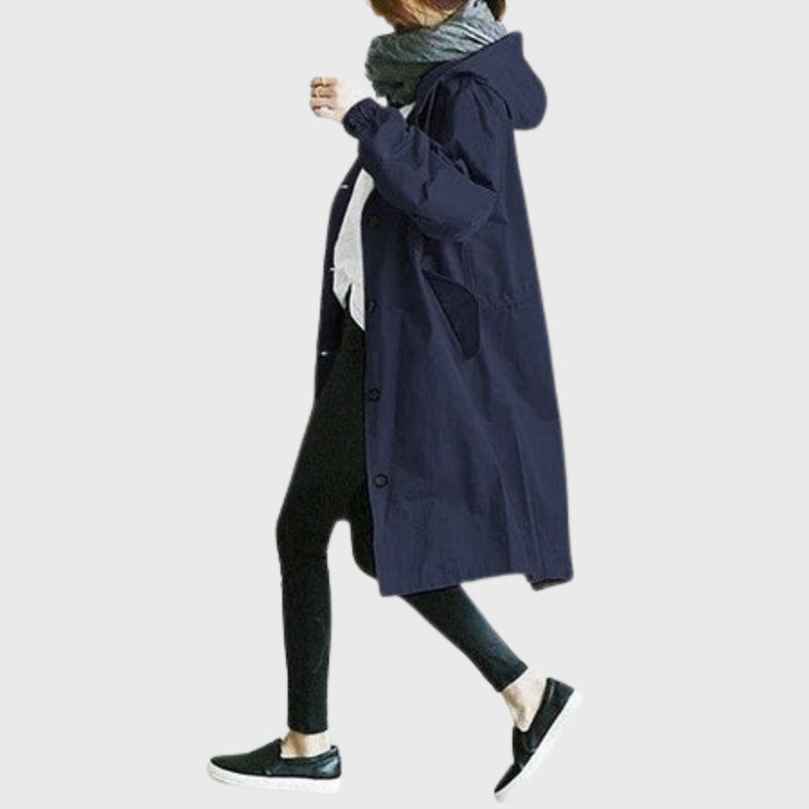 Jewel | Women's Trench Longline Hooded Coat in Dark Blue
