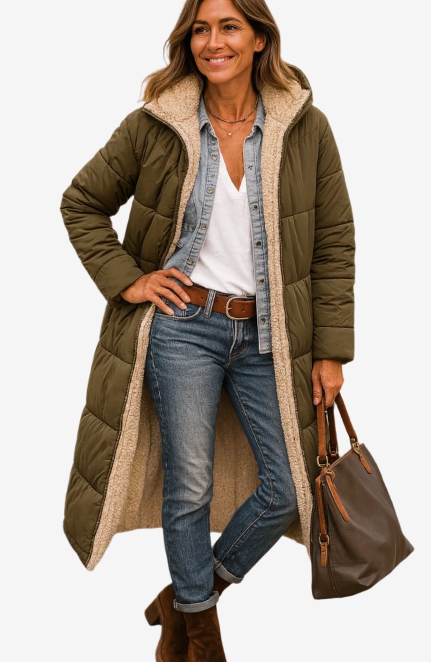 Jillian | Women's Long Quilted Sherpa-Lined Hooded Winter Coat in Army Green