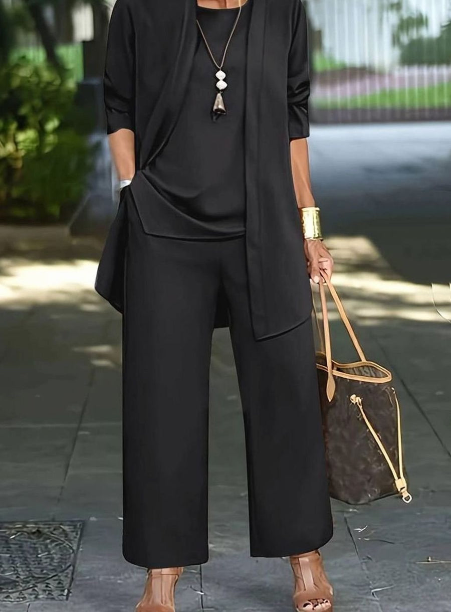 Joanna | Women's Three-Piece Relaxed Wide-Leg Outfit Set in Black