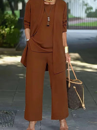 Joanna | Women's Three-Piece Relaxed Wide-Leg Outfit Set in Dark Brown