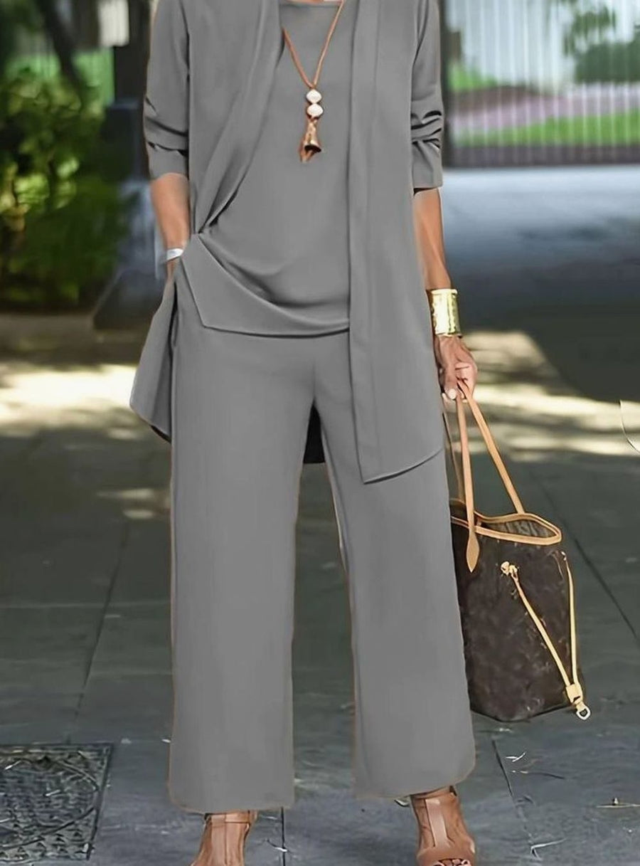 Joanna | Women's Three-Piece Relaxed Wide-Leg Outfit Set in Gray