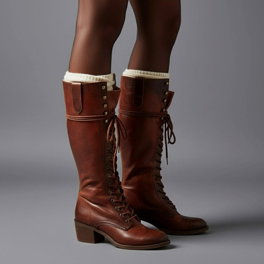 Jocelyn | Women's Lace-Up Block Heel Studded Knee-High Boots