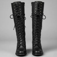 Jocelyn | Women's Lace-Up Block Heel Studded Knee-High Boots in Black