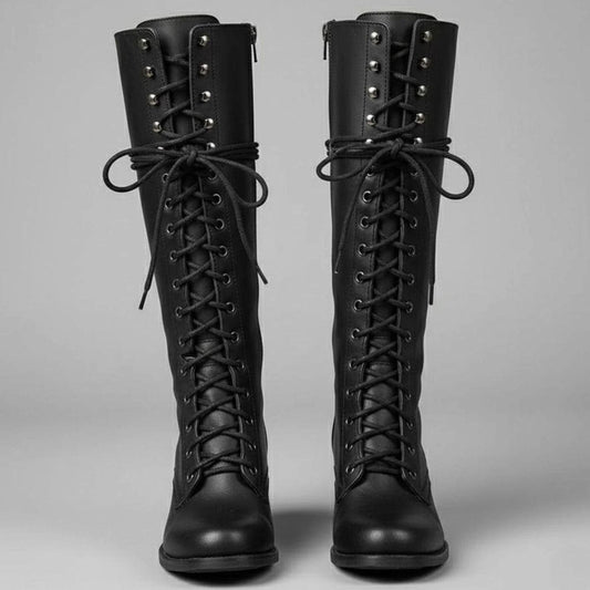 Jocelyn | Women's Lace-Up Block Heel Studded Knee-High Boots in Black