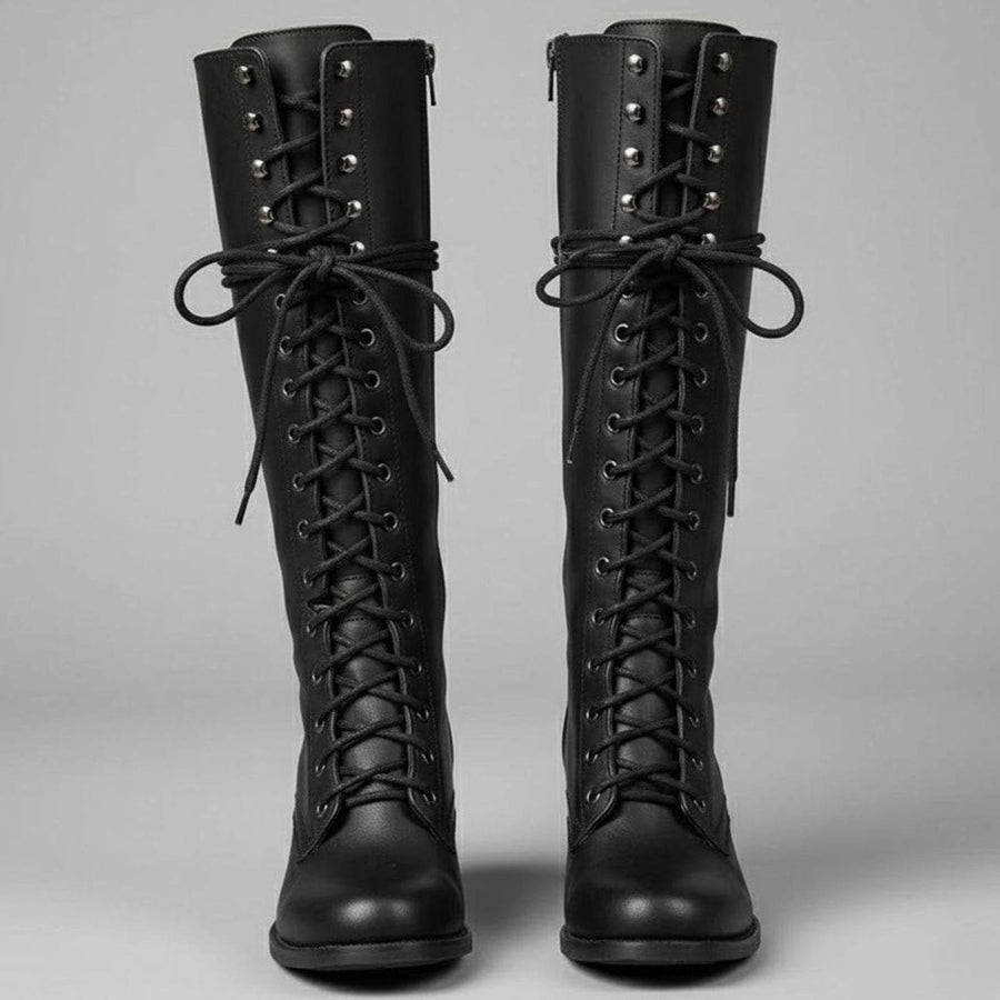 Jocelyn | Women's Lace-Up Block Heel Studded Knee-High Boots in Black