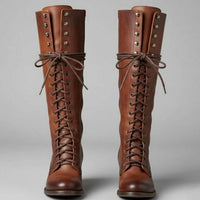 Jocelyn | Women's Lace-Up Block Heel Studded Knee-High Boots in Brown